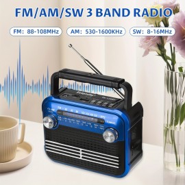 128BT Portable FM Radio, Full Bandwidth Sound, Large Knob Easy Operation, FM/AM/SW1-6/USB/TF/BT Playback, Battery Powered - Multi-Band Home Handheld Flashlight Radio for Indoor and Outdoor Use