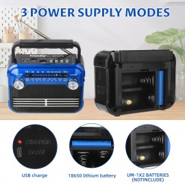 128BT Portable FM Radio, Full Bandwidth Sound, Large Knob Easy Operation, FM/AM/SW1-6/USB/TF/BT Playback, Battery Powered - Multi-Band Home Handheld Flashlight Radio for Indoor and Outdoor Use