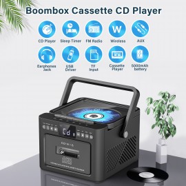 Boombox Cassette CD Player with 5000mAh Battery, 5W Dual Stereo Speakers, Rechargeable CD Player with FM Radio, Remote Control, Tape Recording, 3.5mm Earphone Jack, AUX/Micro SD/USB for Home
