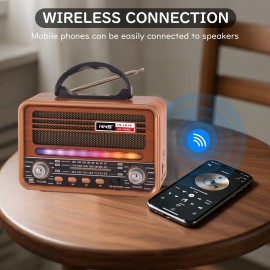 Vintage Wood Grain Retro Radio - Wireless, Stereo Sound, AM/FM/SW Bands, Portable Speaker with USB/TF Card Player, TWS Pairing, LED Lights, Rechargeable Battery for Home and Outdoor Use