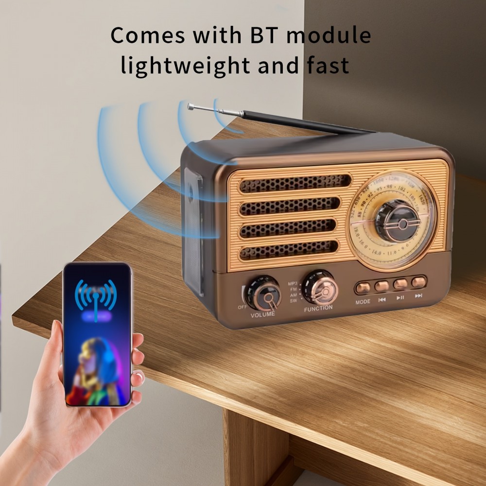 [Retro Portable Radio] Retro Portable Radio with Speaker, Supports FM/AM/SW, TF Card, USB, AUX Playback and LED Flashlight (HR-29BTL)