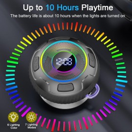 Portable Wireless Speaker • Dynamic LED Lights & Clock Display • 10-Hour Playtime • Stereo Pairing & Hands-Free with Microphone • Compact Suction Cup Design for Car/Backpack Use • Versatile Multi-Function Speaker